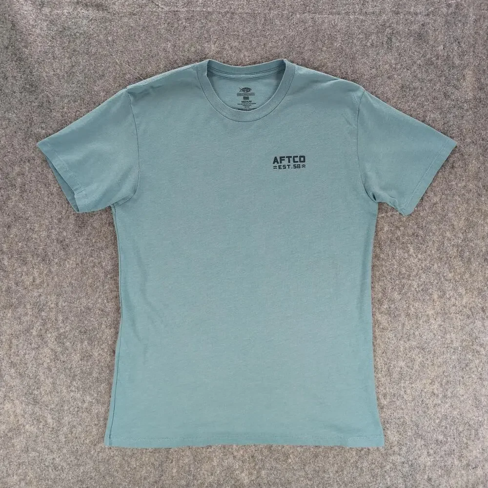 AFTCO Shirt Mens Medium Blue Mountain Sunset Graphic Outdoor Tee Logo Casual